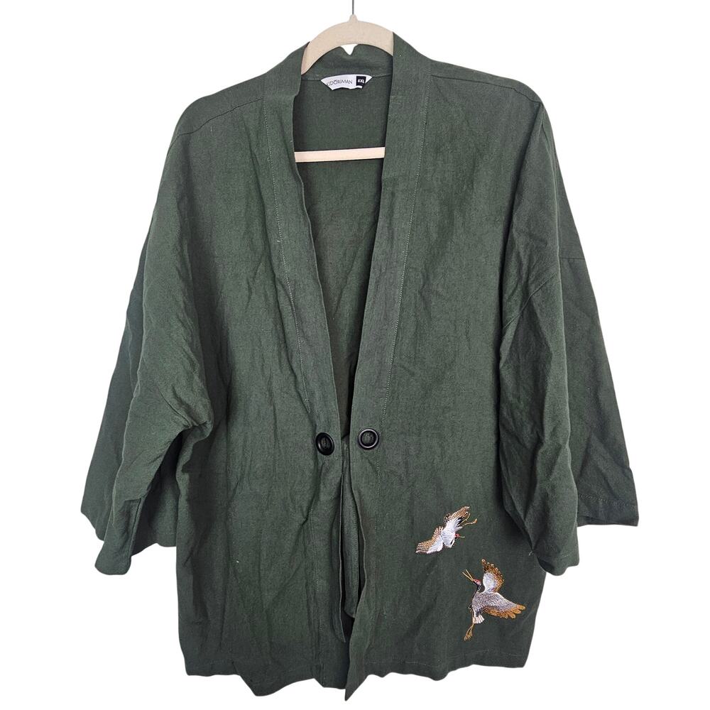 Kidoriman Japanese Kimono Shirt Size 4XL Embroidered Bird Tie Front Streetwear